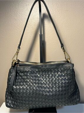 Black Valentina Italian Leather Soft shoulder Bag Purse Woven Brass Hardware